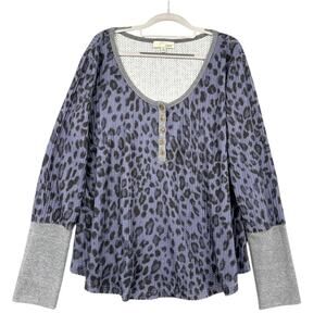LUUKSE Purple Animal Print Button-Up Henley‎ Long Sleeve Top 1X
